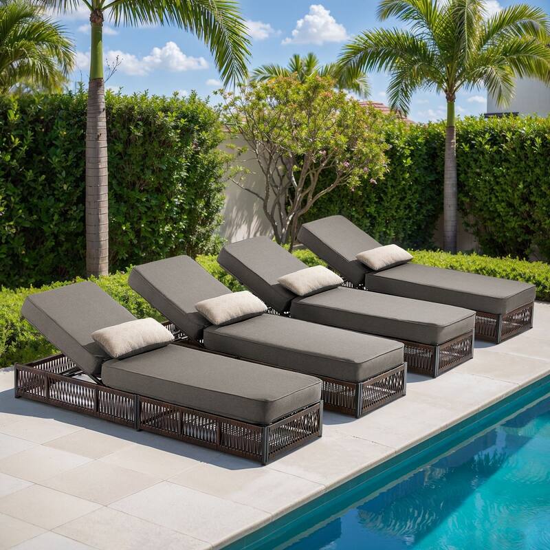 Gymojoy Outdoor Patio Chaise Lounge Chair, Luxury Rattan Recliner with 6-Position Backrest & 5-Inch Thick Cushions Set of 4 - Grey
