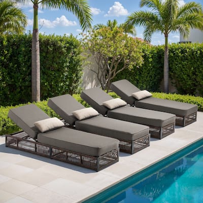 Gymojoy Outdoor Patio Chaise Lounge Chair, Luxury Rattan Recliner with 6-Position Backrest & 5-Inch Thick Cushions Set of 4