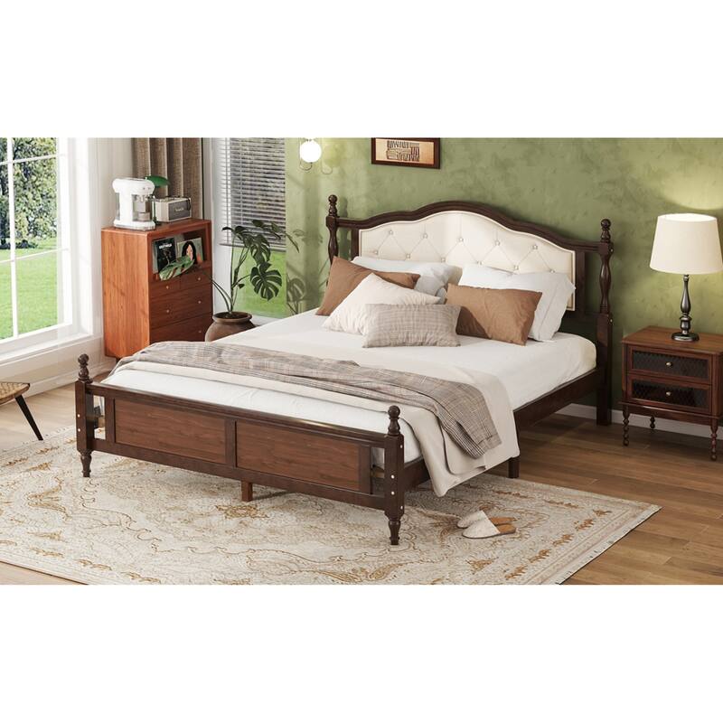 Roomfitters Queen Pine Wood Bed Frame with Upholstered Headboard and Panel Footboard, Reinforced Platform Support Design, Walnut