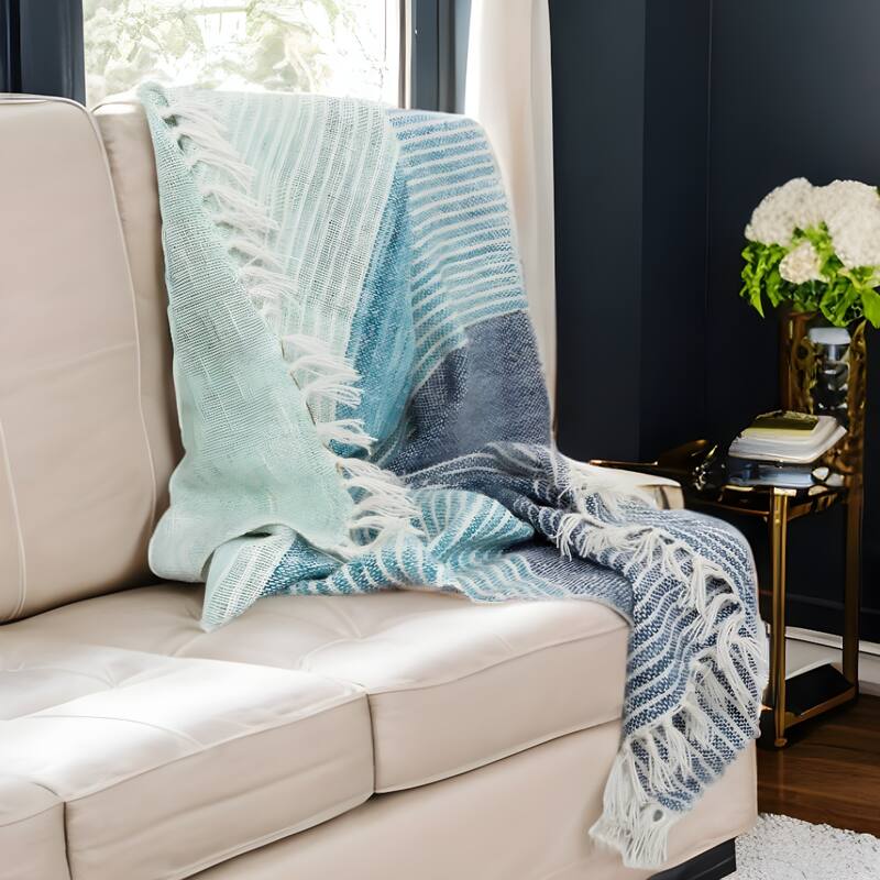 HomeRoots 50" X 60" Aqua Blue Teal And Ivory Recycled PET Woven Stripe Throw Blanket with Tassels - Throw - Blue/Green