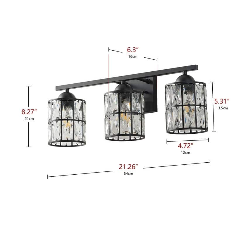 Modern 3-Light Bathroom Vanity Light in Matte Black with Clear Crystal Shades Wall Sconce Fixture
