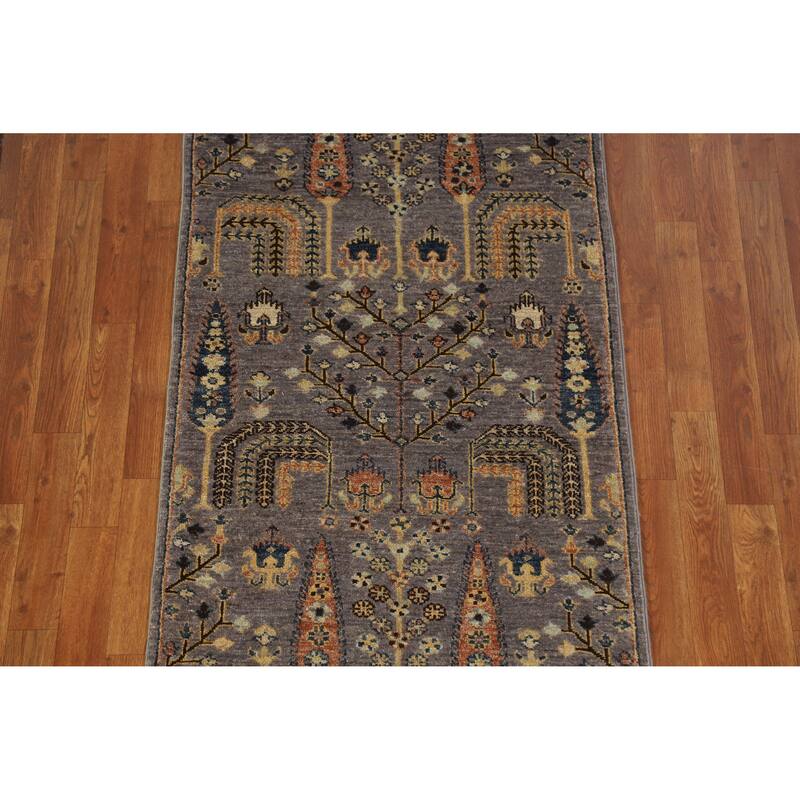 Hand Knotted Oriental 100% Wool Carpet Transitional Floral Greys & Charcoal Oushak Runner Rug - 9' 9'' X 2' 10''