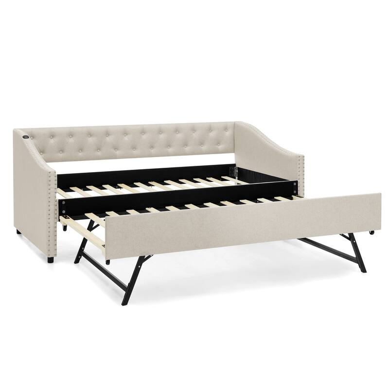 Twin Size Daybed with Pull Out Bed Trundle, Upholstered Button-Tufted Backrest Sofa Bed with Nailhead Trim & USB Charging Ports