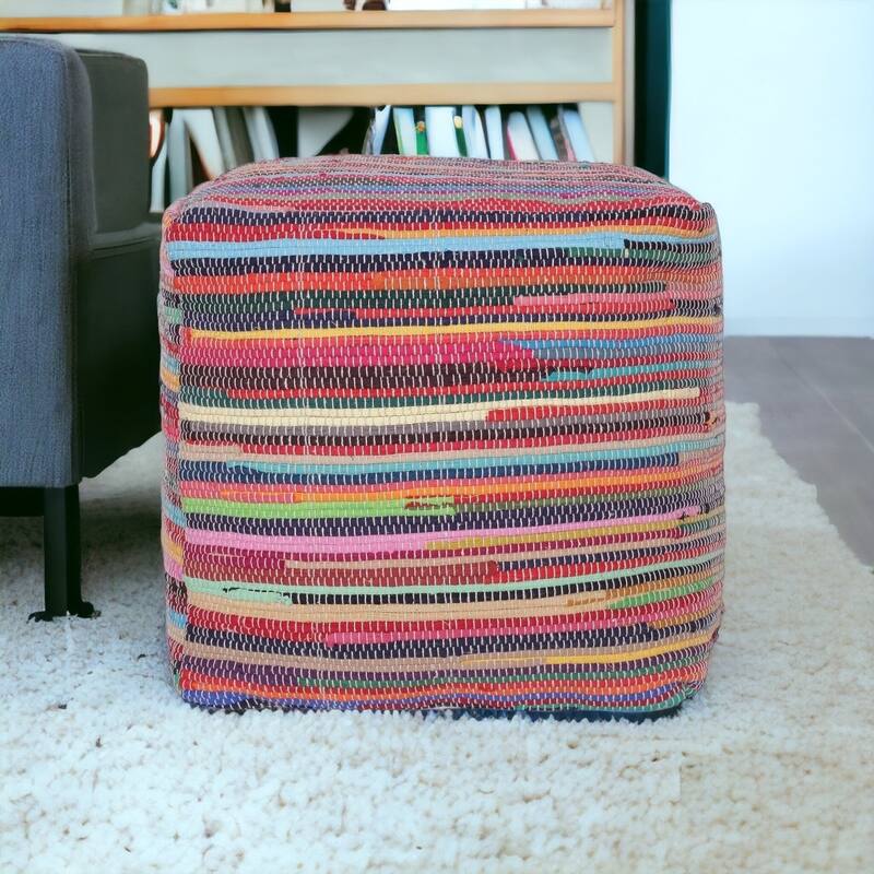 HomeRoots 18" Red Cotton Cube Striped Pouf Ottoman