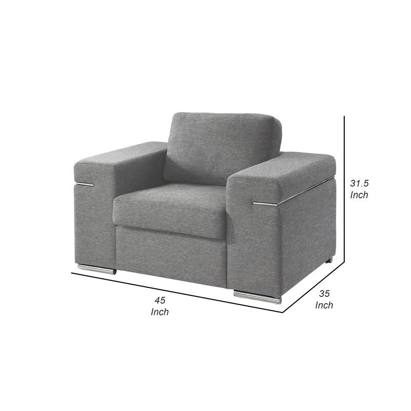 Aria 45 Inch Armchair, European Design, Stainless Steel, Light Gray Fabric