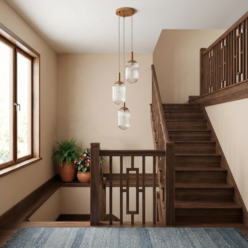 Flora Gold Triple Pendant Light with Ribbed Glass