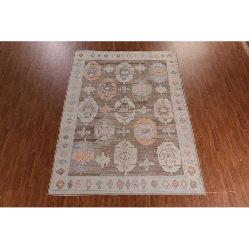 Hand Knotted Oriental 100% Wool Carpet Transitional Geometric Brown Oushak Area Rug - 12' 2'' X 8' 11''