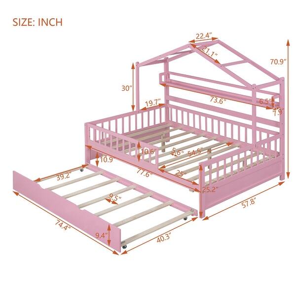 dimension image slide 2 of 3, Full House Bed with Trundle and Shelving, Space-Efficient Playhouse Design
