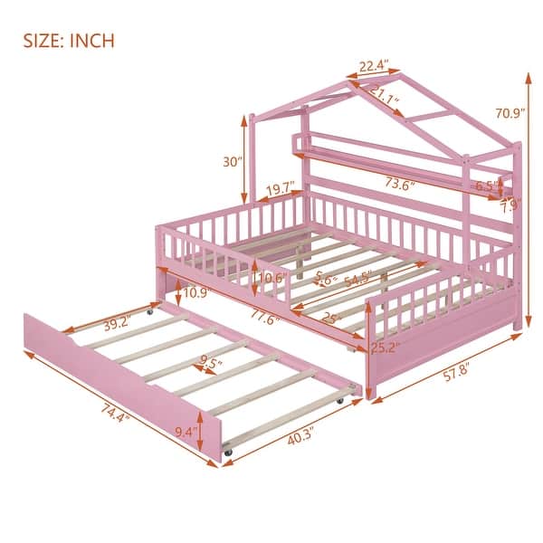 dimension image slide 0 of 3, Wooden Full House Bed with Twin Trundle & Shelf - Safe Kids' Bed
