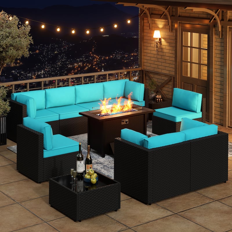 11 Piece Sectional Seating Group with Fire Pit and Cushion