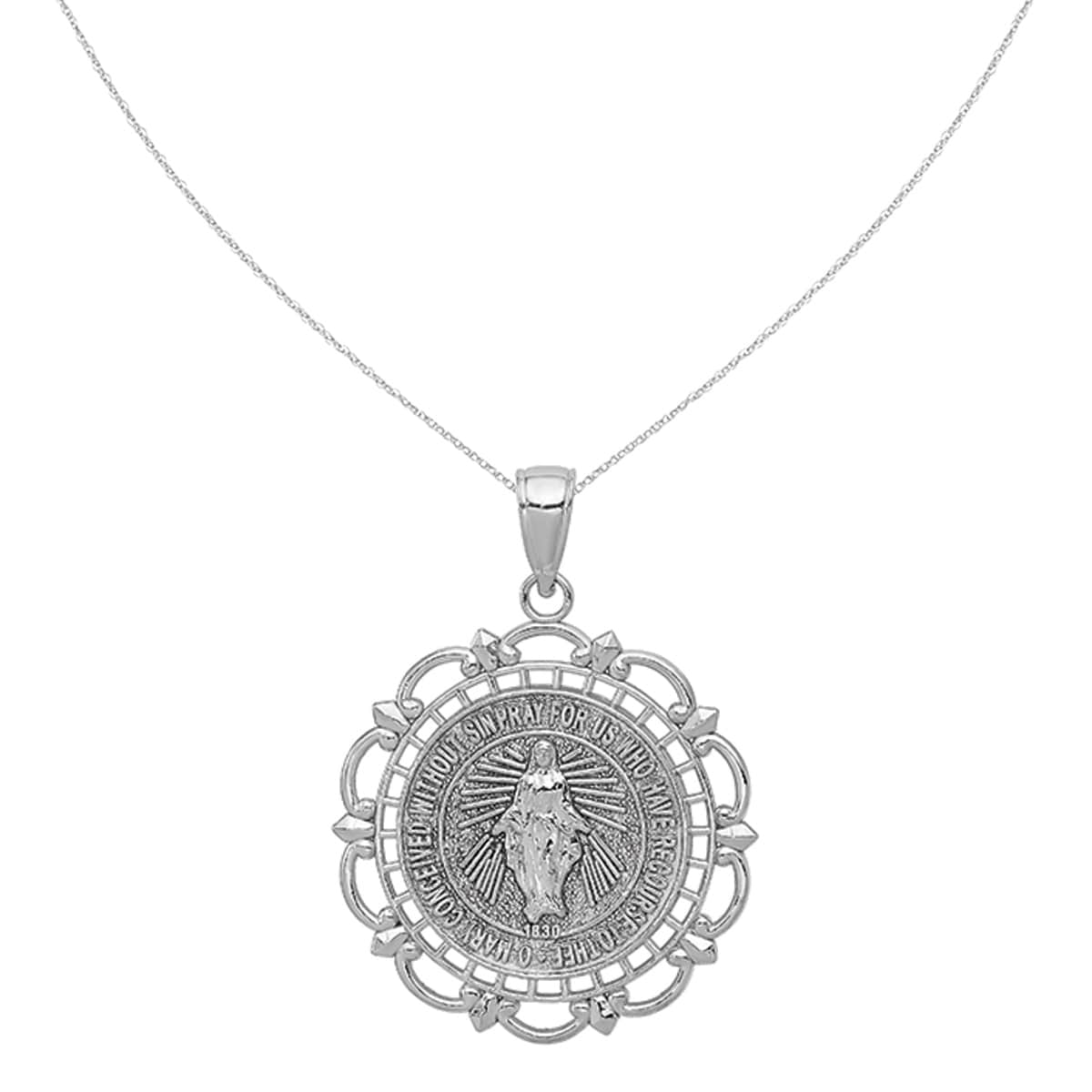 White gold miraculous medal with chain clearance