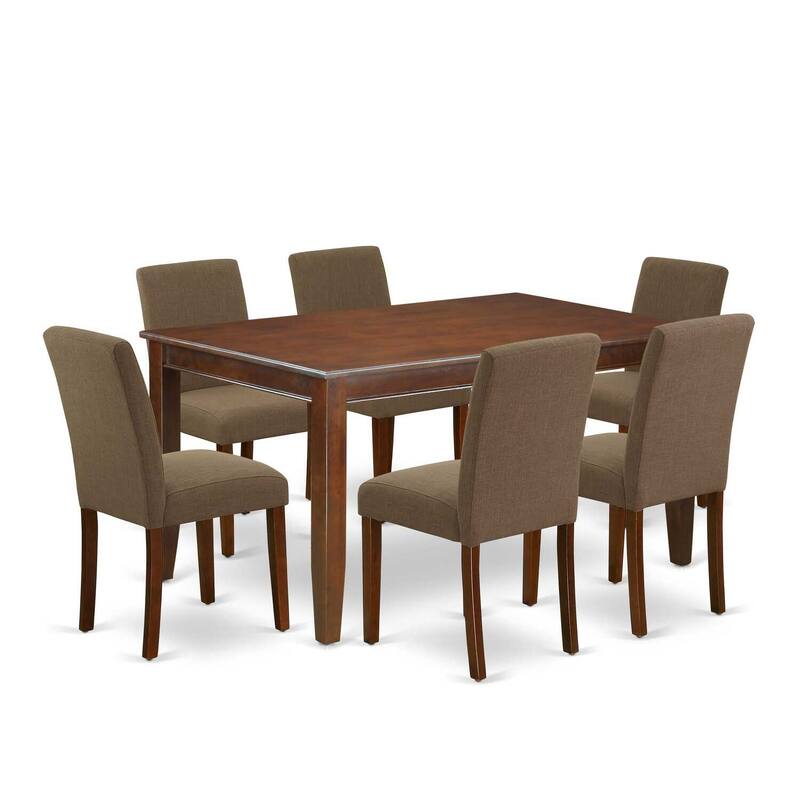 Rectangular Dining Table Set 7 Piece - 60 Inch Table & 6 Parsons Chairs - Mahogany & Linen Fabric