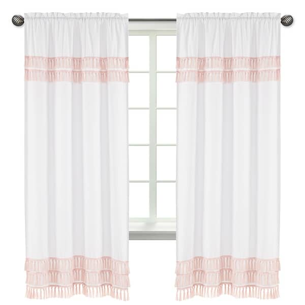 slide 2 of 5, Boho Bohemian Girl 84in Window Treatment Curtain Panel Pair - Blush Pink White Farmhouse Shabby Chic Modern Minimalist Fringe