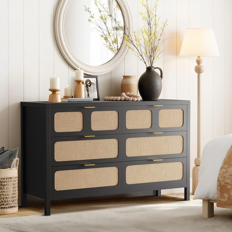 6 Drawer Dresser, Rattan Dresser for Bedroom, Farmhouse Wood Storage Chest of Drawers - Black