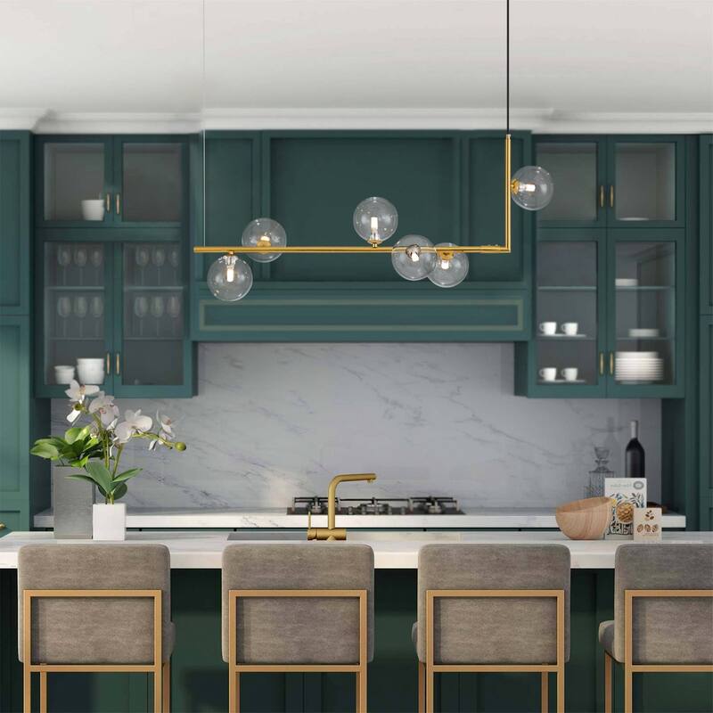 6-Light Modern Black/Gold Linear Sputnik Clear Glass Globe Bubble Chandelier for Kitchen Island