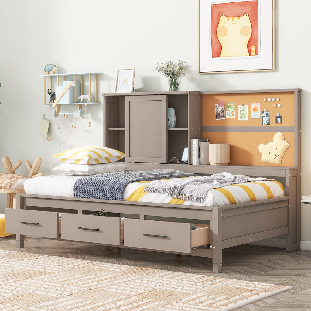 Twin Size Daybed with Storage Shelves, Cork Board, USB Ports, and 3 Drawers in Antique Gray