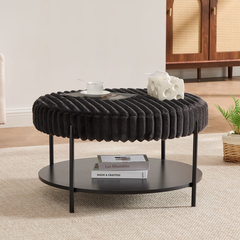 30.9"W Upholstered Coffee Table Ottoman,Round Coffee Table Bench with Storage Shelf and Metal Legs