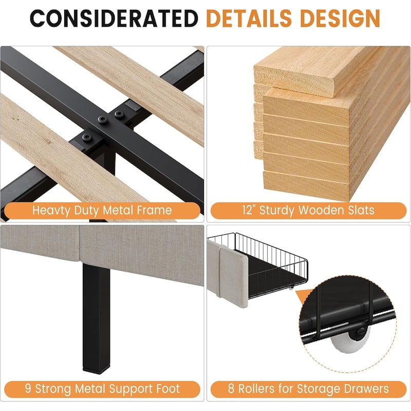 Upholstered Platform Bed Frame with Storage Drawers, Solid Wood Slats, No Box Spring Needed