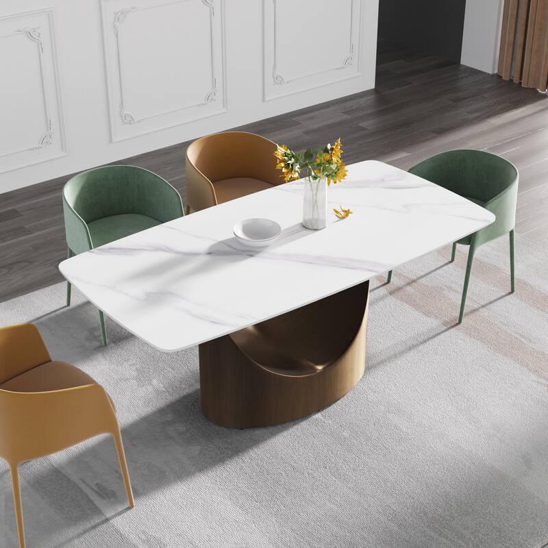 71" Marble table with Rectangular Slate Top and Ingot Shape Pedestal Leg - White/Gold