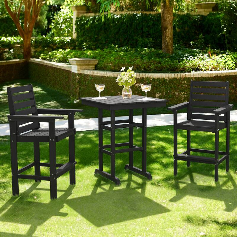 LUE BONA Patio 3-Piece Bar Set HDPS Square Table and Outdoor Bistro Armchairs with Connecting Board Patio Seating - Black