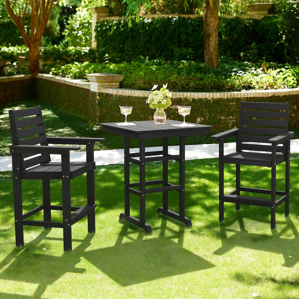 LUE BONA Patio 3-Piece Bar Set HDPS Square Table and Outdoor Bistro Armchairs with Connecting Board Patio Seating