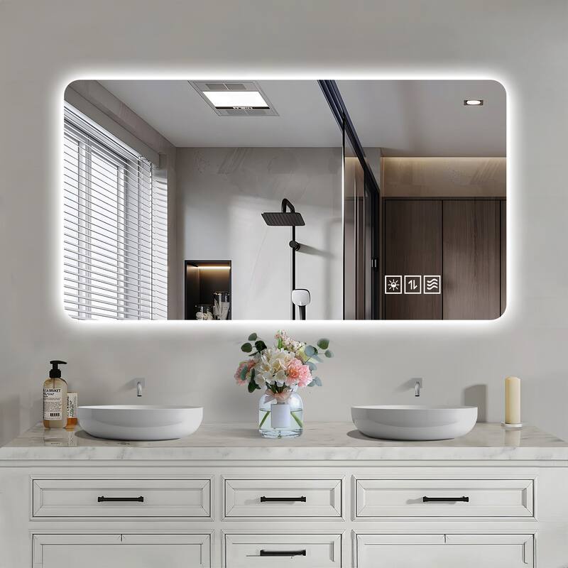 LED Wall Mirror - Bathroom/Full-Length/Makeup Use, 3 Color Lighting, Dimming, Waterproof - Silver