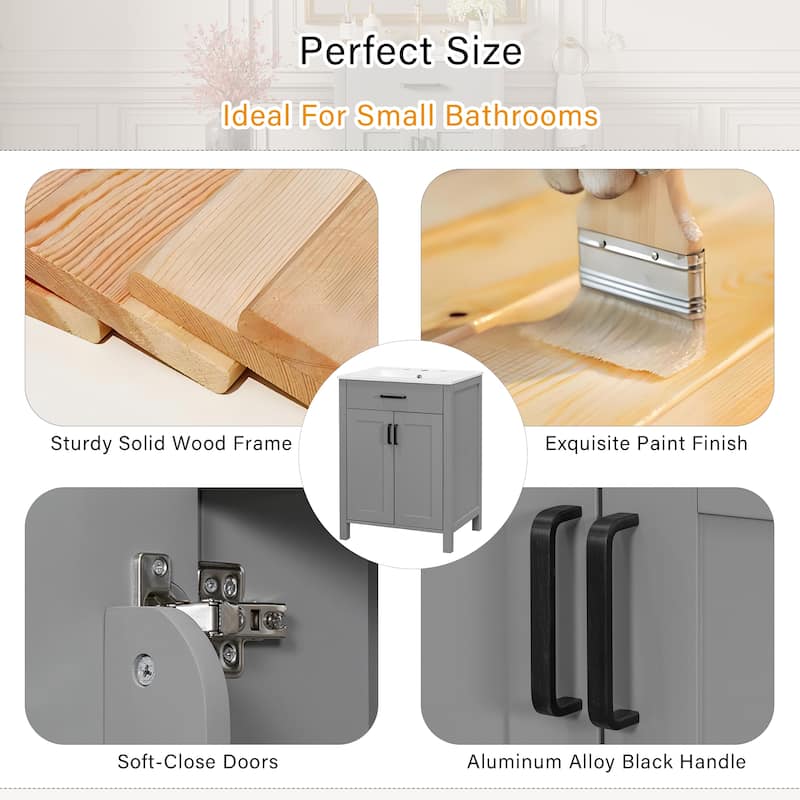 24" Bathroom Vanity with Ceramic Sink, Freestanding Cabinet with Flip Drawer, Soft Close Doors and Adjustable Shelf