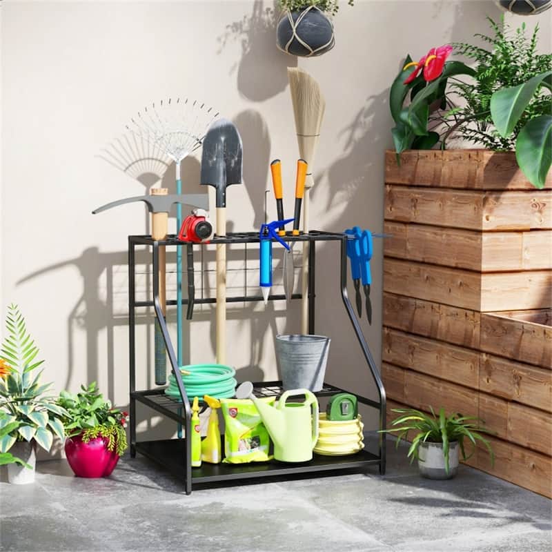 3 Tier Garden Tool Storage Rack Metal Organizer with Hooks and Shelves for Indoor and Outdoor Use - 33.1" L x 20.9" W x 28.7" H