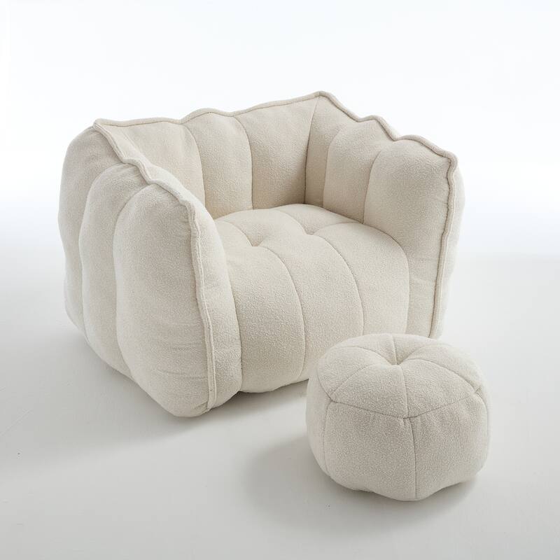 Extra-Large Chenille Bean Bag Chair with Footstool, Comfy Bean Bag Sofa for Adults, High Resilient Foam Square Lazy Sofa