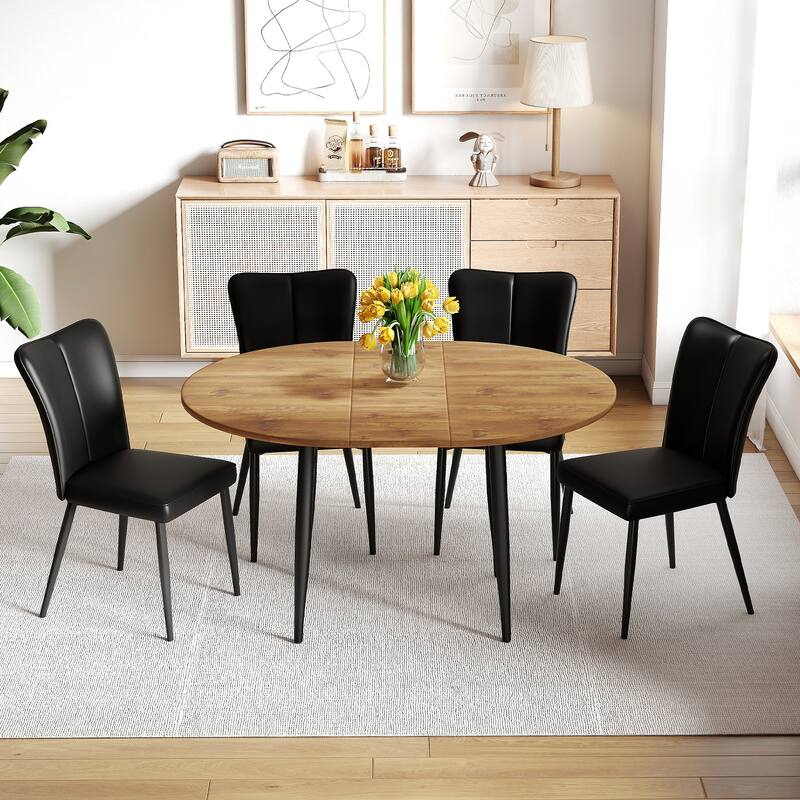 Modern Extendable Dining Table Set for 4/6 People with Faux Leather Chairs, 5 Piece/7 Piece Space-Saving Wood Dining Table Set