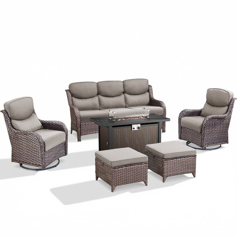 Pocassy Patio Sofa Swivel Chair Set with 43" Fire Pit Table