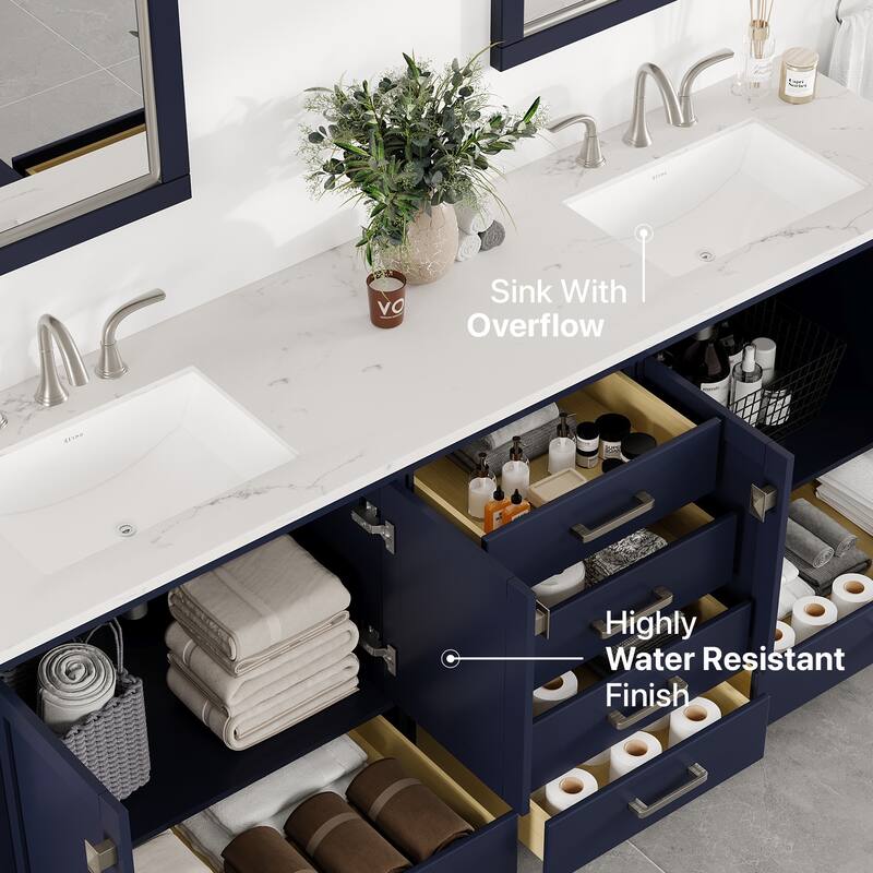 Aberdeen 72"W Blue DS Bath Vanity with Carrara Quartz Top & Undermount Sinks