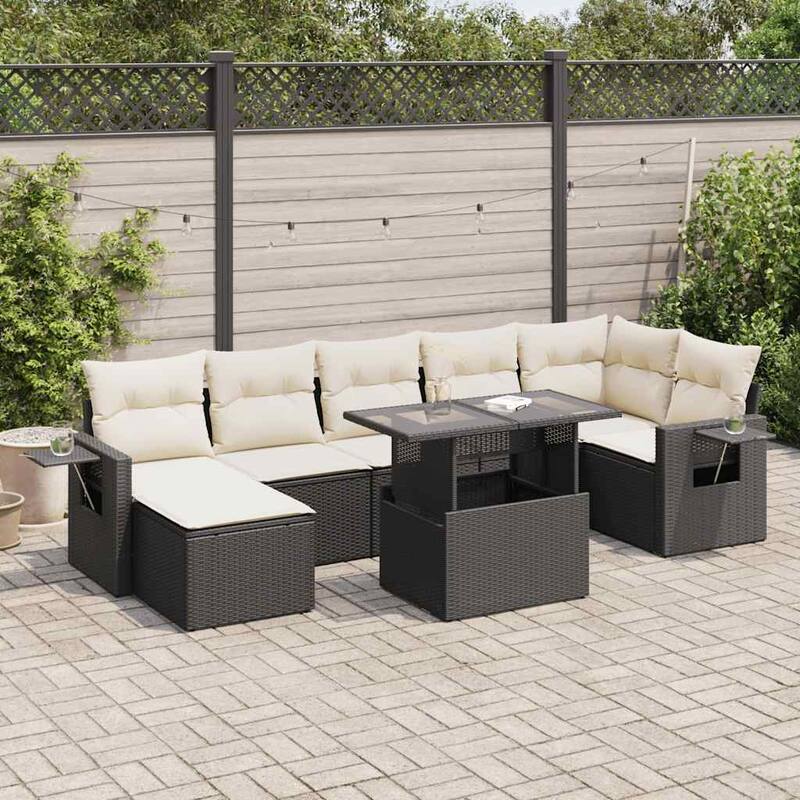 vidaXL Patio Sofa Set with Cushions Outdoor Furniture 8 Piece Poly Rattan - Black and Cream-with storage - 21.7 x 39.4 x 28.7