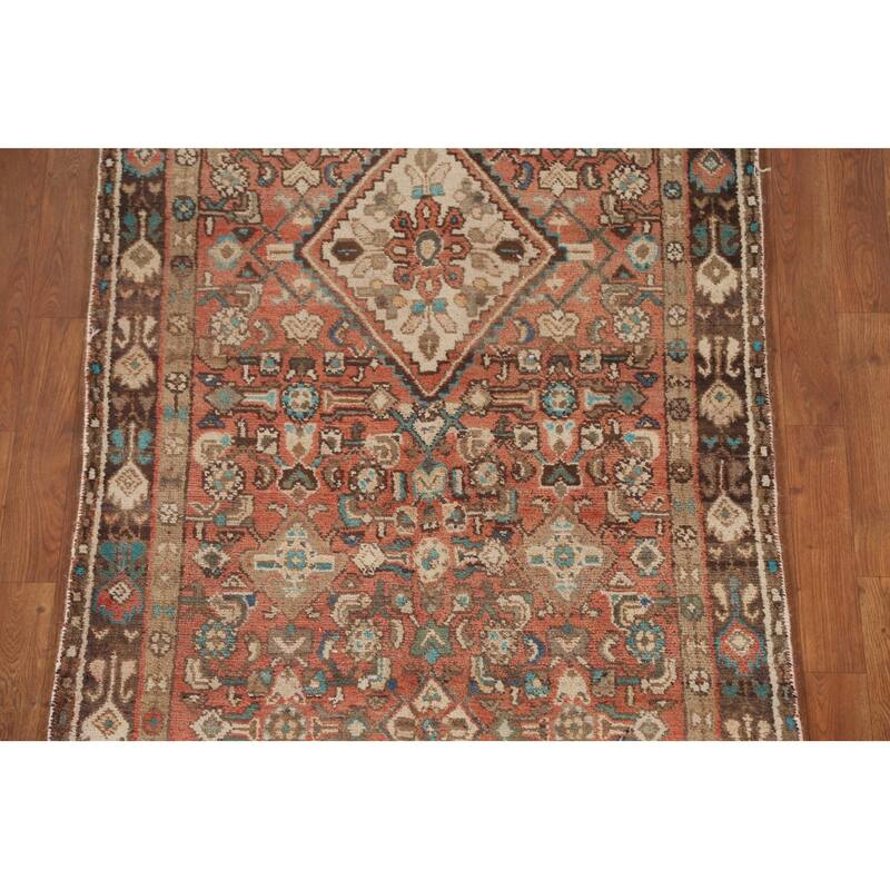 Hamedan Persian Vintage Runner Rug Handmade Geometric Wool Carpet - 3'5"x 9'9"