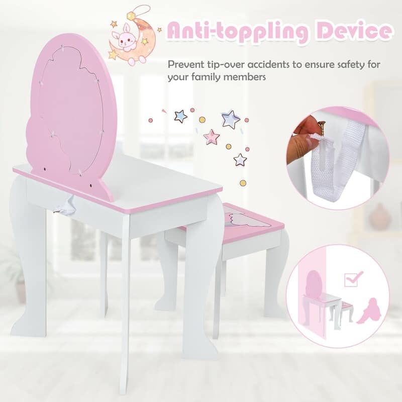 Kids Wooden Makeup Dressing Table and Chair Set with Mirror and Drawer - 19" x 14" x 35" (L x W x H)