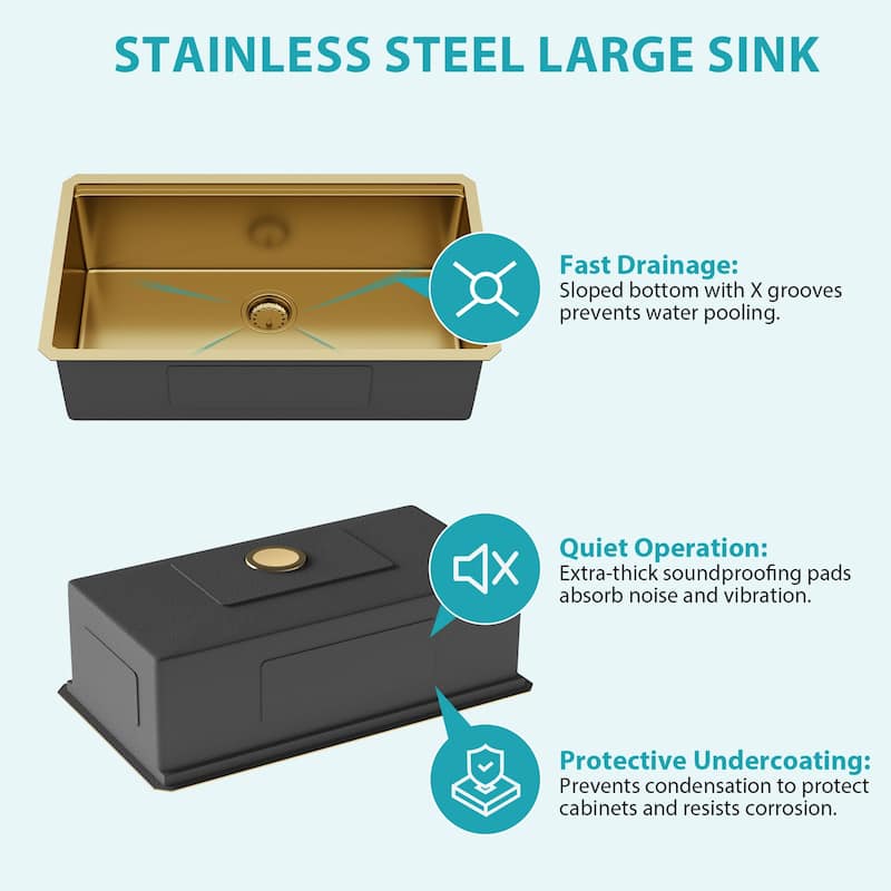Undermount 16 Gauge Single Bowl Stainless Steel Kitchen Sink in Gold