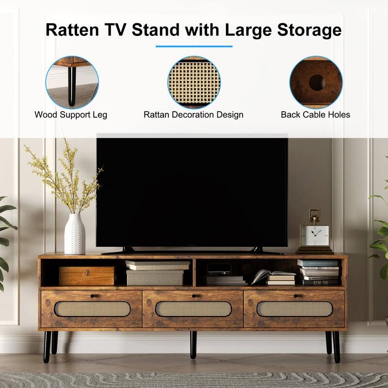 Mixoy Boho TV Stand for TV up to 65",Entertainment Center with Drawers and Compartment,55" Media Console with Rattan Decorative