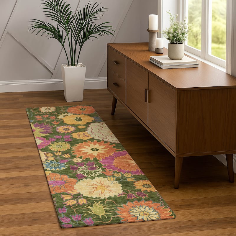 Machine Washable Indoor/ Outdoor Modern Floral Chantille Rug