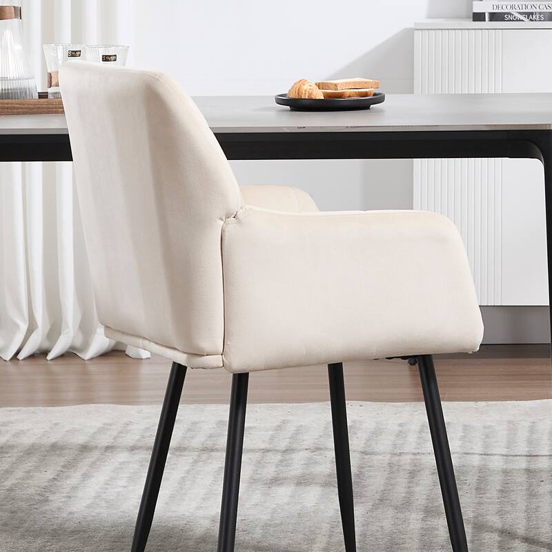 Modern Velvet Dining Chair Upholstered Kitchen Chair with Armrests and Curved Back, for Dining Room, Cream, Set of 2