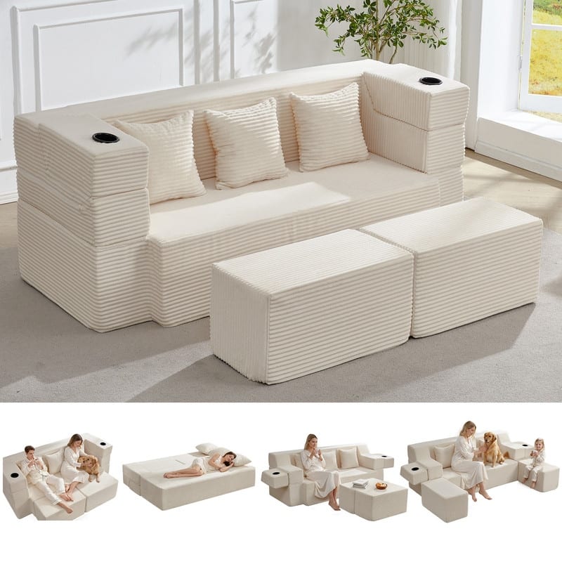 3-in-1 Convertible Futon Sofa Bed – 78.7" Full Size Sleeper with 2 Ottomans, Corduroy, No Assembly Couch for Small Spaces