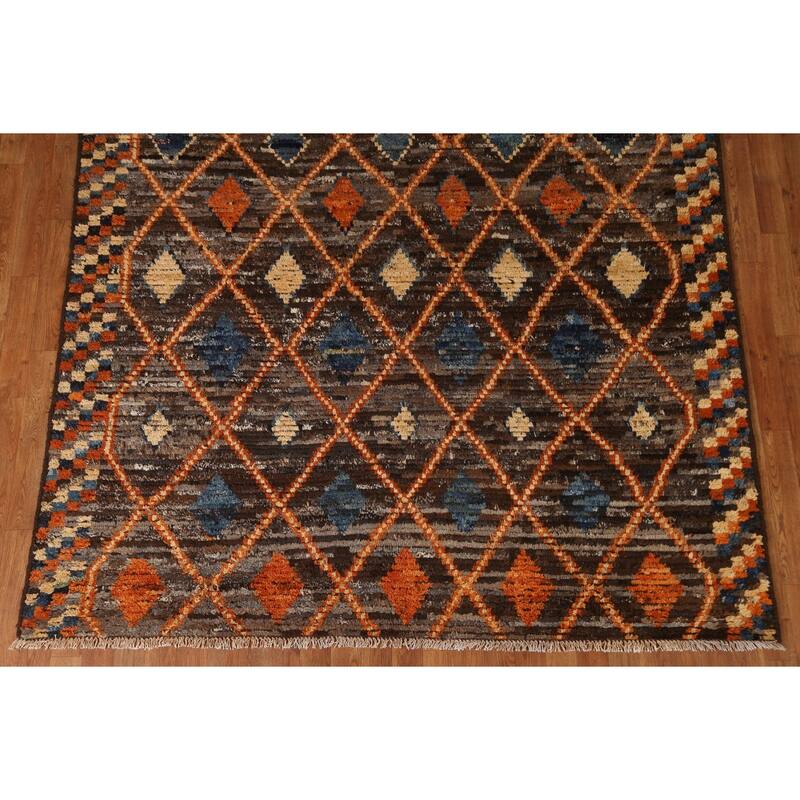Hand Knotted Oriental 100% Wool Carpet Modern Tribal Brown Moroccan Area Rug - 9' 9'' X 6' 9''