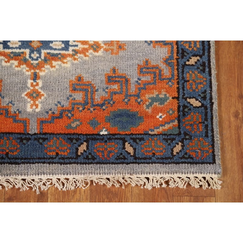 Geometric Viss Indian Runner Rug Handmade Gray Wool Carpet - 2'6"x 9'7"