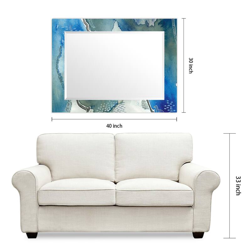 Subtle Blues Rectangular Beveled Mirror on Free Floating Printed Tempered Art Glass - Clear - 40" x 30"