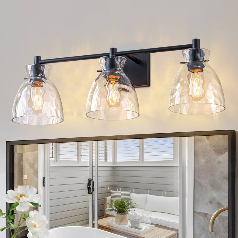 Starsky Mid-Century 3-Light Bathroom Vanity Light with Hammered Glass - Black