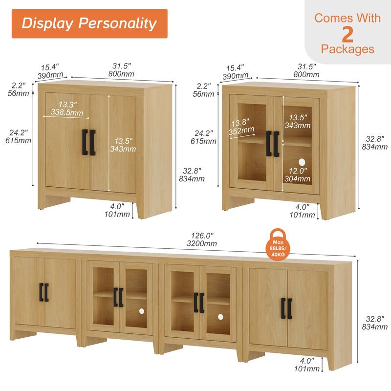 WAMPAT Farmhouse Buffet Cabinet with Glass Doors, 4-Piece Modular Sideboard with Adjustable Shelves