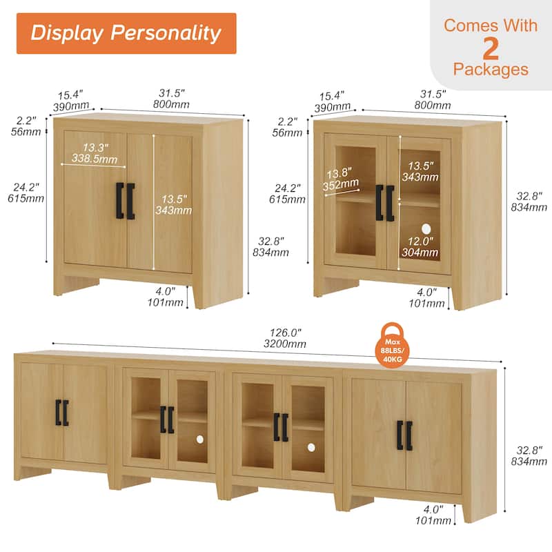 WAMPAT Large Farmhouse TV Stand with Glass Door & Cabinet Storage, Rustic Media Console for up to 110-inch TVs