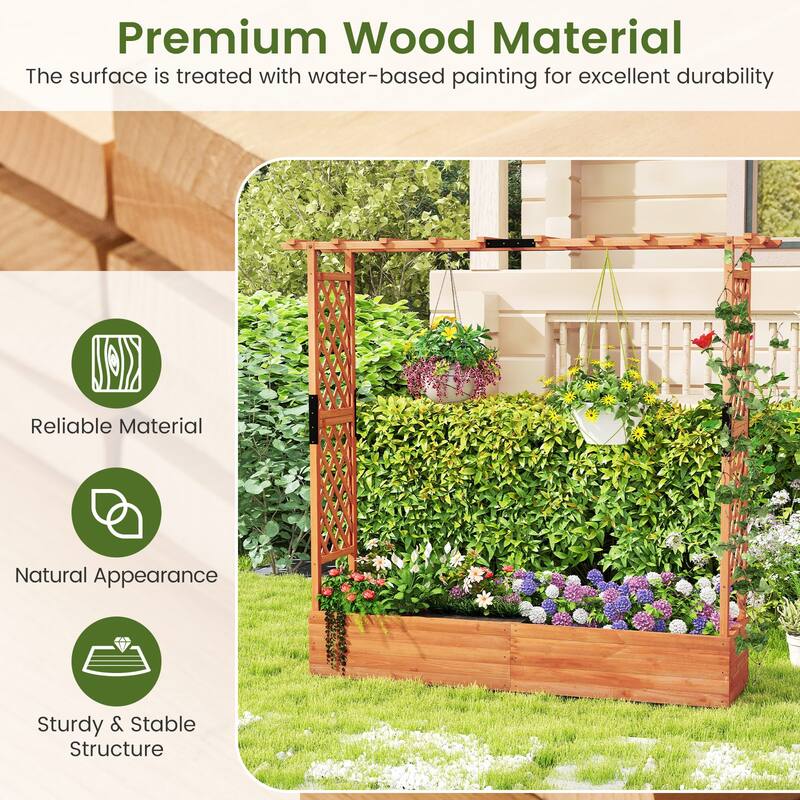 Gymax Raised Garden Bed Planter Box w/ Side & Top Trellis for Vine