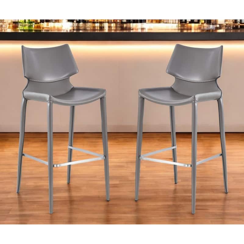 HomeRoots Set of Two 30" Gray Faux Leather And Steel Low Back Bar Height Bar Chairs - Bar Height - Gray - Set of 2