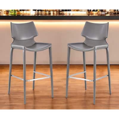 HomeRoots Set of Two 30" Gray Faux Leather And Steel Low Back Bar Height Bar Chairs