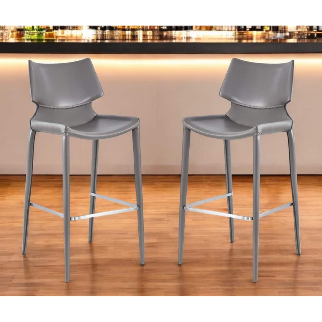 HomeRoots Set of Two 30" Gray Faux Leather And Steel Low Back Bar Height Bar Chairs
